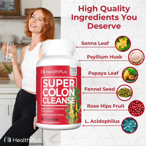 Health Plus Super Colon Cleanse 10 Day Gentle Gut Cleanse Detox, Psyllium Husk, Probiotics for Constipation Relief & Digestive Support, 120 Capsul...