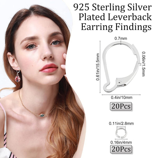 Beebeecraft 1 Box 20Pcs Leverback Earring Findings 925 Sterling Silver Plated French Earring Hooks 15.6x10mm Ear Wire Clip Earring Connector with ...