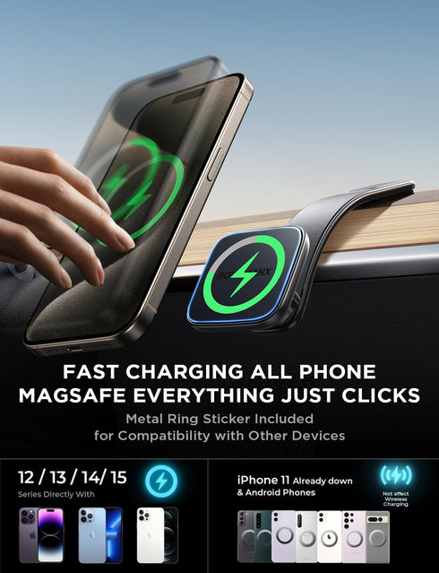 for Magsafe Car Mount Charger,15W Wireless Car Charger Phone Mount for iPhone 15 14 13 12 Pro Plus Max,Bendable Memory Titanium Alloy&Steel Hook C...