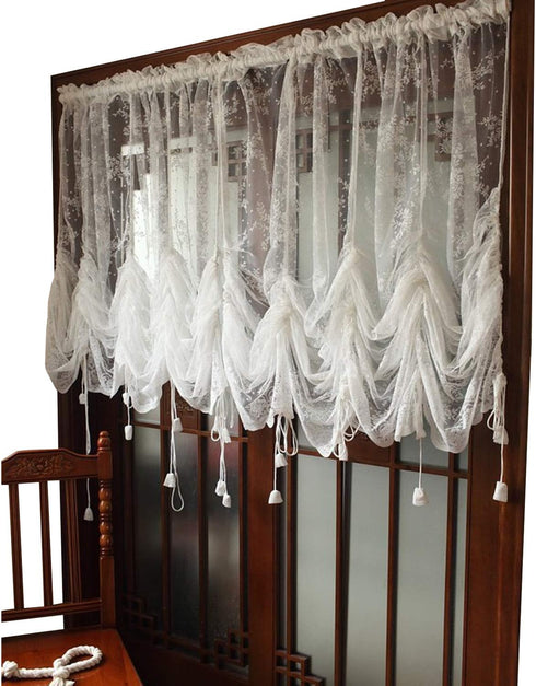 FADFAY Elegant White Lace Embroidered Sheer Balloon Curtains, Adjustable Tie-Up Curtain, 1 Panel Floral Tulle Curtains for Windows-78''*78''...