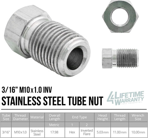 4LIFETIMELINES Stainless Steel Brake Line Tube Nut, 3/16 (M10x1.0 Inverted), Bag of 10...
