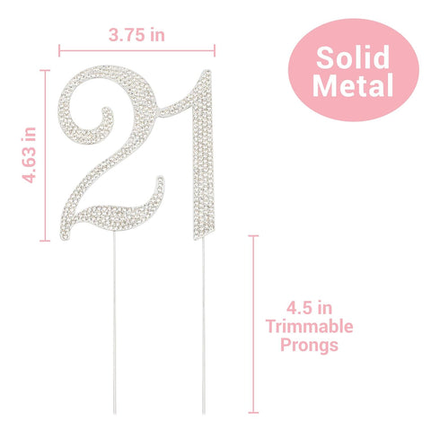 21 Cake Topper - Premium Silver Metal - 21st Birthday Party Sparkly Rhinestone Decoration Makes a Great Centerpiece - Now Protected in a Box...