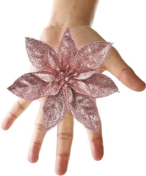 GL-Turelfies 12 Pcs Glitter Christmas Flowers(16cm/6.3’’) with 12 Pcs Clips Artificial Poinsettia Flower Christmas Tree Flower Decorations Xmas Tr...