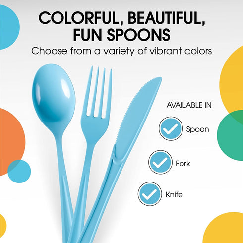 Disposable Light Blue Plastic Spoons 50 Pcs - Heavy Duty Light Blue Plastic Disposable Cutlery - Light Blue Disposable Flatware, Light Blue Plasti...