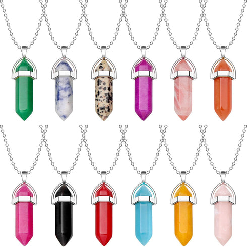 12 Pieces Hexagonal Chakra Crystal Bullet Shape Gemstone Pendant Necklaces Pointed Quartz Stone Chain Necklaces Artificial Stone with Storage Bag ...