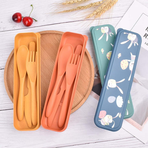 4 Sets Travel Utensils with Case - Cute Rabbit Pattern, Wheat Straw Reusable Utensils Set with Case Portable Utensils Set with Case for Travel Pic...