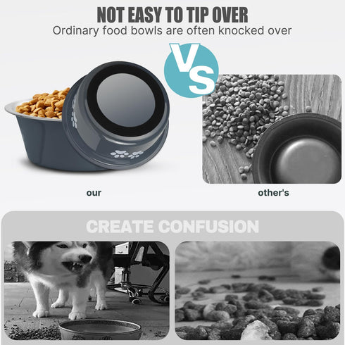 Stainless Steel Dog Bowls, Nonslip Rubber Bottom No Spill Proof Skid Metal Insulated Dog Bowls for Large Medium Small Breed Dogs (Grey, 3.6 Cups/2...
