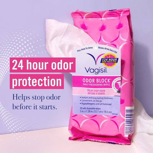 Vagisil Odor Block Daily Freshening Wipes for Feminine Hygiene in Resealable Pouch, Gynecologist Tested & Hypoallergenic, 20 Wipes (Pack of 3)...