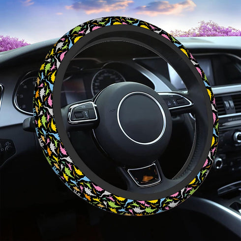 Swono Car Steering Wheel Covers Dinosaurs Cartoon Colorful Cartoon Funny Beast Dinosaur Black Universal for Women Girls Soft Neoprene Anti-Slip Ca...
