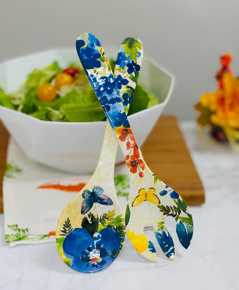 UPware 2-Piece 13 Inch Melamine Salad Server Serving Utensil Set Includes Salad Spoon and Salad Fork (Butterfly Floral)...