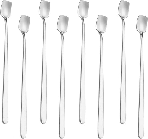 Long Handle Iced Teaspoon 8-Piece, Comicfs 7-Inch Stainless Steel Mixing Stirring Square Spoons for Cocktail Ice Cream Milkshake Cold Drink Ice Co...