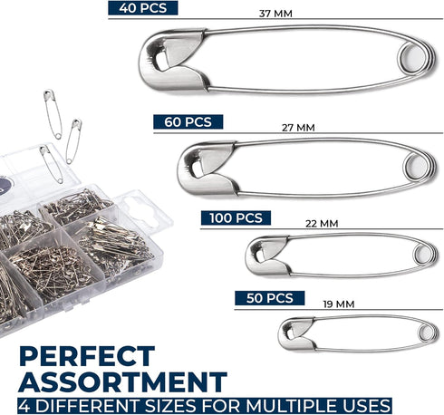 250 Pack Safety Pins by Luxurecourt, 4 Assorted Sizes of Durable, Silver Small and Large Safety Pins Bulk, Rust-Resistant Nickel Plated Steel, Sha...