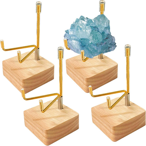 4 Pcs Rock Display Stand with Wooden Base Adjustable Metal Arm Display Stand Easel Crystal Display Stand Small Rock Collection Display Mineral Dis...