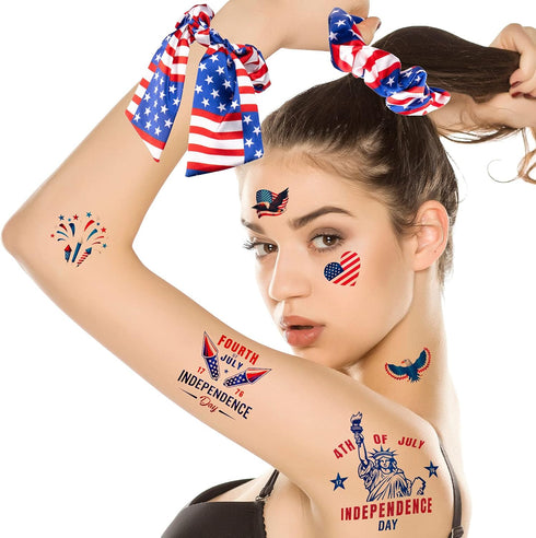 Whaline 15pcs 4th of July Accessories Kit Patriotic American Flag Headband Hair Band Hair Scrunchies Earrings Temporary Tattoos Independence Day G...