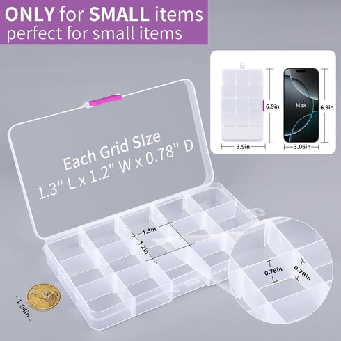 Opret 15 Grids Bead Organizer(4 Pack), Earring Organizer Box, SMALL Plastic Clear Organizing Containers with Adjustable Dividers for Crafts Jewelr...