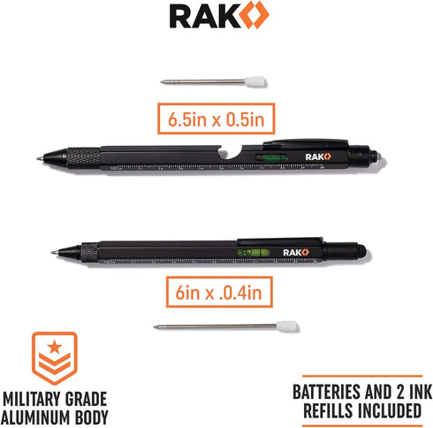 RAK Multi-Tool 2Pc Pen Set - LED Light, Touchscreen Stylus, Ruler, Level, Bottle Opener, Phillips Screwdriver, Flathead, and Ballpoint Pen...