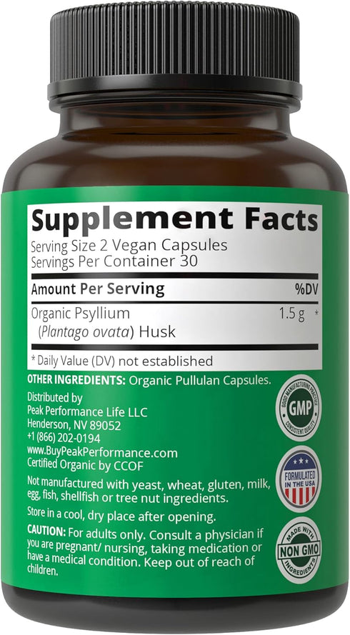 USDA Organic Psyllium Husk Vegan Capsules Made with Organic Psyllium Husk Seed. Fiber Supplement for Gut. Digestive Prebiotics. Pills for Digestio...