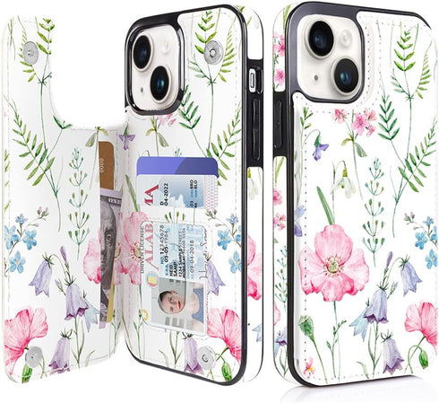 uCOLOR Flip Leather Wallet Case Card Holder Compatible with iPhone 13 6.1 iPhone 14 6.1 Women and Girls with Card Holder Kickstand (Pink Flowers)....