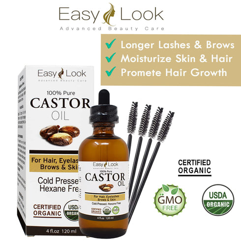 Castor Oil 4oz, USDA Certified Organic 100% Pure, Stimulate Growth for Eyelashes, Eyebrows, Hair. Skin Moisturizer & Hair Treatment Starter Kit...