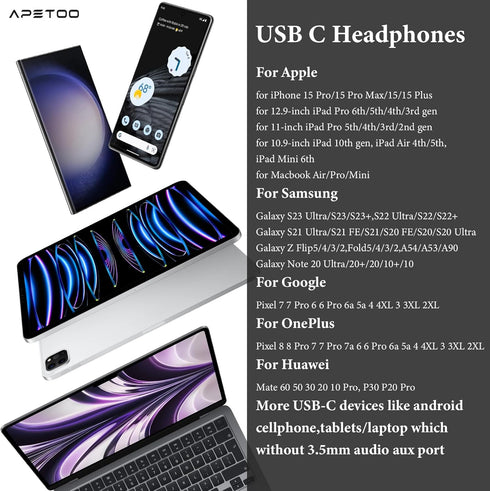 USB C Headphones for iPhone 15 Plus/Pro Max,Samsung S22 S23 S24 Ultra S21 FE A53 Note 10 Plus,Magnetic Stereo Type C Earphones Semi in-Ear Wired E...