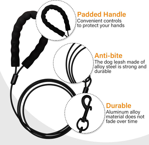 Stainless Steel Water and Chew Proof Dog Leash with Hooks for Large, Medium and Small Dogs 4FT Wire Alloys Camping with Soft Handle(Black)...