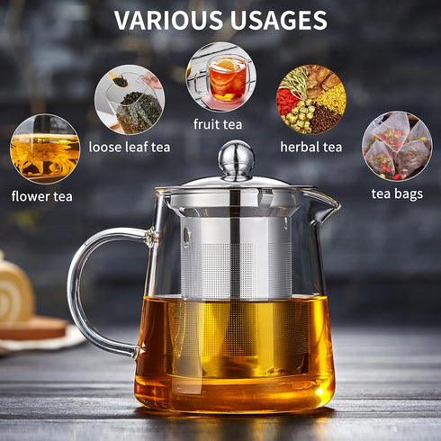 Glass Teapot 18.6 oz, Borosilicate Glass Tea Pot with Detachable Stainless Steel Infuser, Clear Tea Kettle for Loose Leaf Tea, Blooming Tea, Tea B...