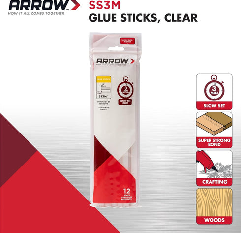 Arrow SS3M Full Size Slow Set Glue Sticks for Hot Glue Guns, Use for High Temp and Low Temp Crafting, Hobbies, and General Repair Projects, 10-Inc...
