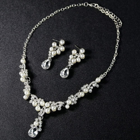 Bride Crystals Rhinestones Pearls Necklace Earrings Set Bridal Wedding Jewelry Sets Rhinestone Choker Necklace Prom Party Costume Jewelry Set for ...