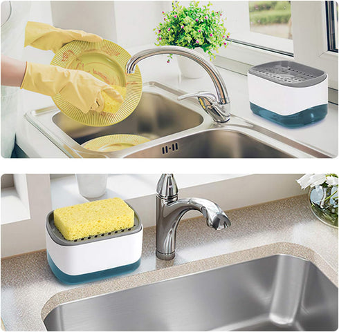 Dish Soap Dispenser for Kitchen, Soap Dispenser and Sponge Holder, Countertop Soap Pump Dispenser, 2-in-1 Soap Dispenser-One Hand Soap Pump Dispen...