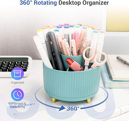 boho office decor - Blue Pencil Holder with 5 Compartments, Aesthetic Design with 360 Rotating Pencil Holder. Office Desk Accessories for Women an...
