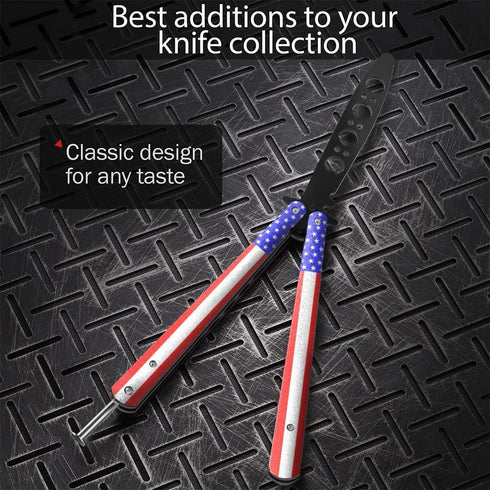 GOOD WORKER Butterfly Trainer – American Patriot Balisong – Practice Butterfly Knife – Butterfly Knives NOT Real NOT Sharp Blade – USA Flag Dull T...