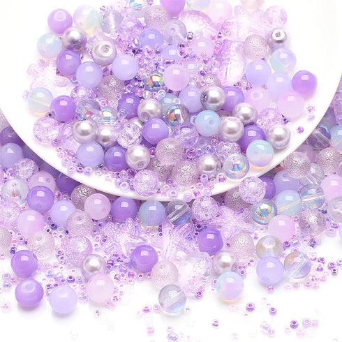 50Pcs Purple Assorted Crystal Beads Mix Shapes Sizes Beads Crackle Beads Seed Beads Round Beads Fish Starfish Beads Charms Glass Acrylic Spacer Be...