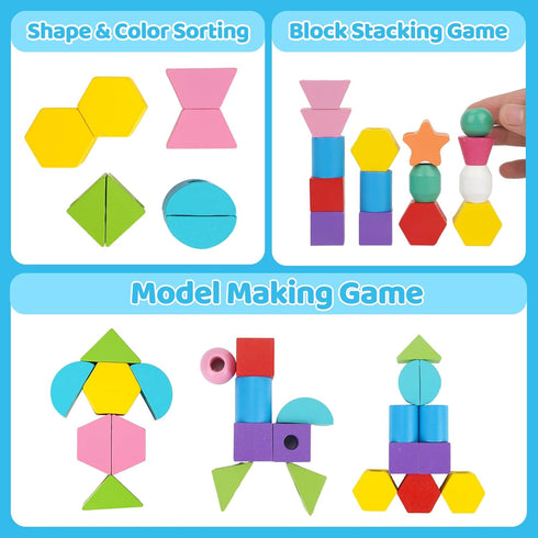 Montessori Toys for 2 3 4 Year Old Kid Boy Girl Toddler, Montessori Wooden Beads Sequencing Toy Set, Lacing Beads & Stacking Block & Matching Shap...