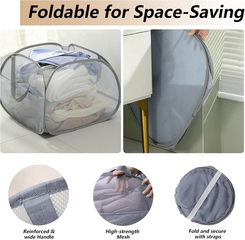 Collapsible laundry baskets - Mesh Pop Up Laundry Basket, Space-Saver with Side Pocket - Portable & Versatile Bathroom and Home Organizer for Laun...
