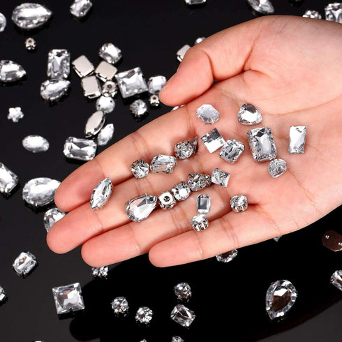 320 Pieces Sew on Rhinestone Sew Crystals Acrylic Gems Sewing Claw Rhinestone Flatback Gemstones with Hole Silver Prong in Mix Shape Mixed Size fo...
