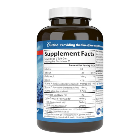 Carlson - Cod Liver Oil Gems, 460 mg Omega-3s, Plus Vitamins A and D3, Wild Caught Norwegian Arctic Cod Liver Oil, Sustainably Sourced Nordic Fish...