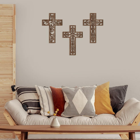 Yookeer 3 Pcs Wooden Cross Wall Decor Cross Hanging Handmade Antique Religious Brown Wooden Home Decorations Hand Carved Wall Decor for Living Roo...