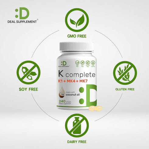 DEAL SUPPLEMENT Premium K Complete - High Potency Vitamin K1, K2 MK-7 & MK-4 Complex, 240 Coconut Oil Infused Softgels - Full Spectrum Triple Vita...