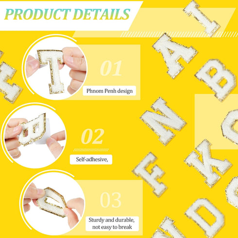 WILLBOND 52 Pieces Chenille Letter Patches Self Adhesive 2 Sets of A-Z Letter Patches Sticker with Gold Glitter for Backpacks Hat Clothes Notebook...