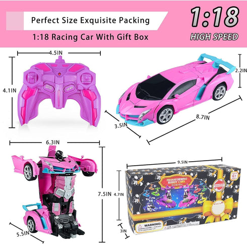 RC Cars, Pink Remote Control Car Toys for 3 4 5 6 7 8 -12 Year Old Girls, 2.4Ghz Transformation Robot RC Cars with Headlight& One-Button Deformati...