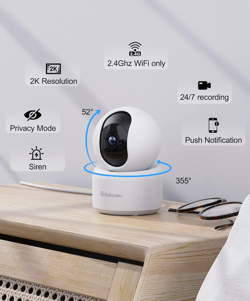 GALAYOU Indoor Security Camera 2K, Pet Camera, 360 Degree WiFi Home Security Camera for Baby/Elder/Nanny with Night Vision, Siren, 24/7 SD Card St...