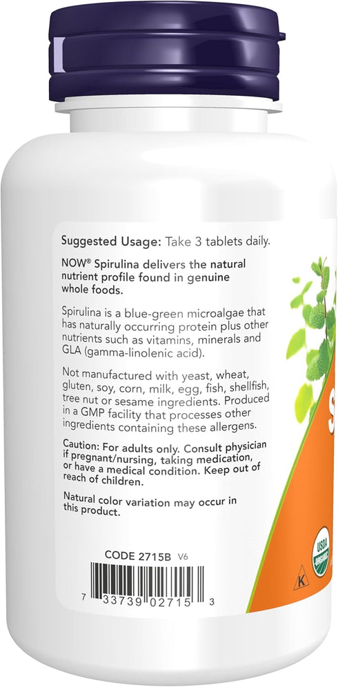 NOW Supplements, Certified Organic, Spirulina 1000 mg (Double Strength), Rich in Beta-Carotene (Vitamin A) and B-12 with naturally occurring GLA ,...