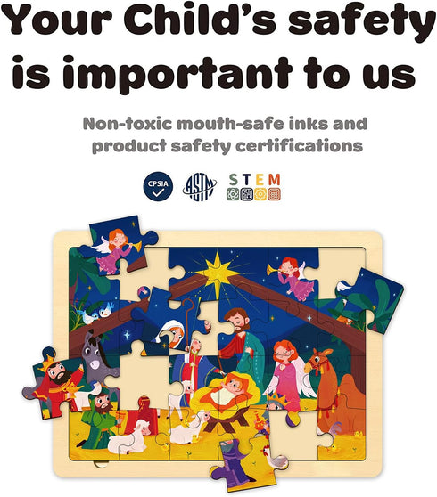 Nativity Scene Kids 24 Piece Puzzle for 3 Year Old, Unique Shape Jigsaw Pieces Christmas Wooden Jigsaw Puzzles for Toddlers Ages 3-5, Preschooler ...