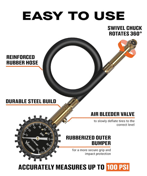 Vondior Tire Pressure Gauge (0-100 PSI) - Certified ANSI B40.1 Tire Gauge for Cars and Trucks, Large 2" Glow Dial Easy-Read Tire Gauges for Tire P...