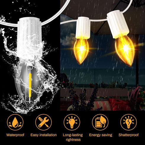 LED Canopy and Umbrellas Lights, 23 Ft LED Outdoor String Lights with Shatterproof Plastic 8LED C7 E-12 Light Bulbs, Waterproof, C Battery Powered...