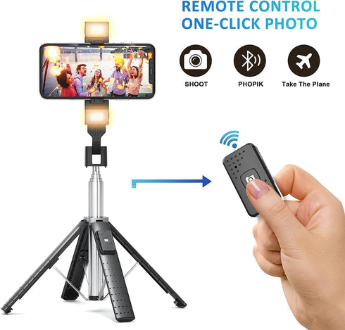 41” Selfie Stick Tripod Quadrapod with 2 Rechargeable Fill Light, Extendable Tripod with Bluetooth Remote, Stainless Steel, 3 Light Modes, 9 Brigh...