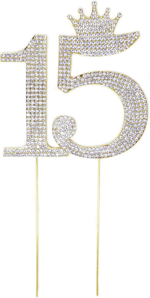 Number 15 Quinceanera Rhinestone Princess Crown Monogram Cake Topper - Sweet 15th Birthday Party (Gold)...