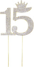 Number 15 Quinceanera Rhinestone Princess Crown Monogram Cake Topper - Sweet 15th Birthday Party (Gold)...