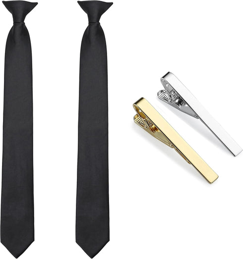 Clip on Ties for Men, 2 Pcs Black Clip on Tie & Tie Clips Set, 20 Inches Premium Solid Color Clip Ties for Men...