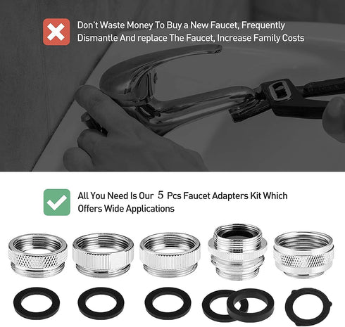 Faucet Adapter Kit, 5PCS Kitchen Sink Brass Aerator Adapter Set Male Female Sink Faucet Adapter for Garden Hose, Water Filter, Standard Hose via D...
